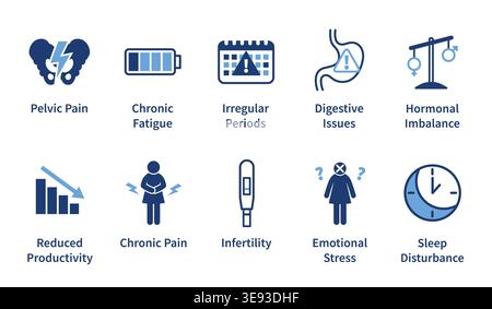Insieme di icone di salute delle donne che rappresentano i sintomi comuni e le condizioni mediche tra cui dolore pelvico stanchezza periodi irregolari problemi digestivi ormonale i Illustrazione Vettoriale