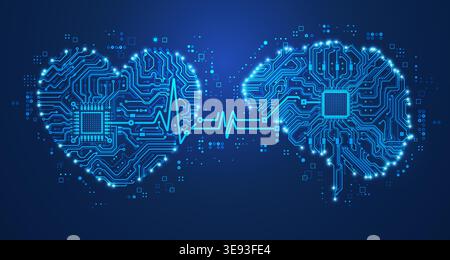 concetto di connessione tra la mente e l'apprendimento approfondito, grafica del cuore cibernetico e del cervello con elemento futuristico Illustrazione Vettoriale