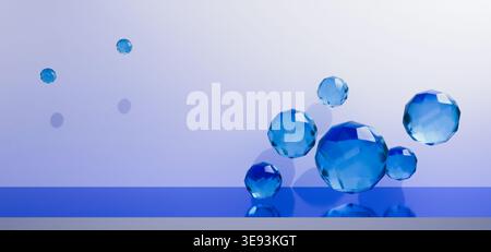 Sfere e cristalli di vetro blu su un banner orizzontale Foto Stock
