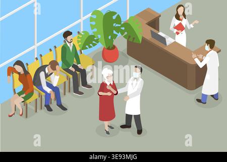 Illustrazione concettuale del vettore piatto isometrico 3D dell'addetto all'accoglienza, clienti alla reception Foto Stock