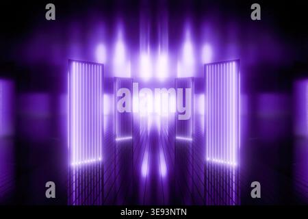 Luci al neon viola in un corridoio simmetrico futuristico Foto Stock