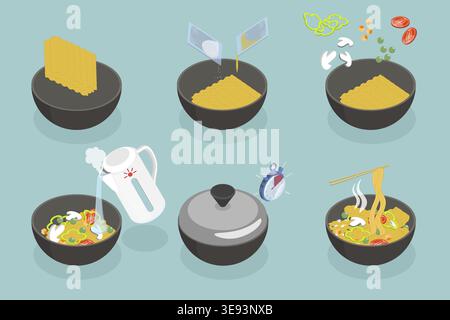 Illustrazione concettuale del vettore piatto isometrico 3D della ricetta dei tagliatelle, come preparare la pasta Foto Stock