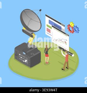 Illustrazione del vettore piatto isometrico 3D della piastra satellitare, radio Telecommunication Foto Stock
