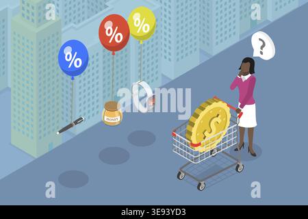 Illustrazione concettuale del vettore piatto isometrico 3D dell'aumento dell'inflazione, della recessione economica Foto Stock