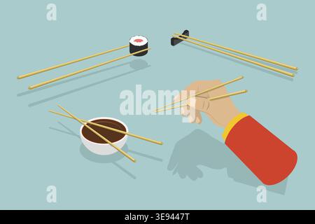 Illustrazione concettuale del vettore piatto isometrico 3D su come utilizzare le bacchette, cucina orientale Foto Stock
