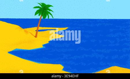 Spiaggia o costa tropicale paesaggio con palme e montagne oltre mare nel retro stile dotwork Illustrazione Vettoriale