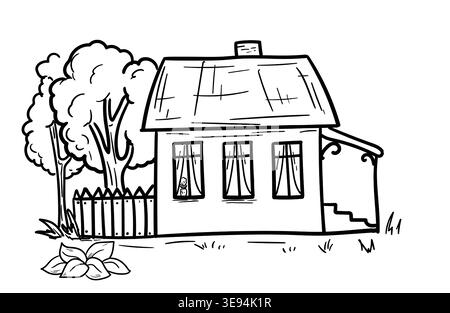 Una casa rustica con una recinzione e cespugli, uno schizzo disegnato a mano. Illustrazione vettoriale. Cottage con veranda e albero isolato su sfondo bianco Illustrazione Vettoriale