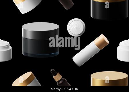 Una varietà di oggetti cosmetici posizionati su uno sfondo scuro. Contenitori come vasetti e bottiglie vengono distribuiti uniformemente, creando un look moderno e pulito Foto Stock