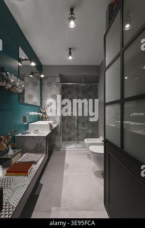 Vista del bagno dalla porta d'ingresso in ferro dipinto che mostra box doccia in vetro, lavabo da ripiano e sanitari, progetto Bianchi & Bosoni, Savona, Italia Foto Stock