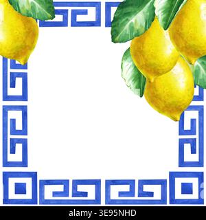 Cornice quadrata ad acquerello con grappoli di limoni gialli maturi su rami frondosi isolati su sfondo bianco. Il design è incorniciato da un classico blu Foto Stock