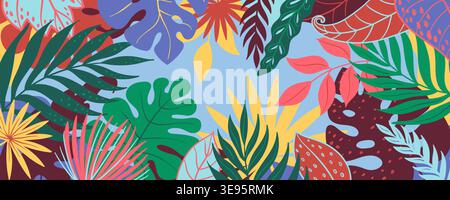 Sfondo di foglie tropicali con colorate foglie esotiche, monstera, palme, caladio e filodendron che formano una cornice decorativa, un vivace confine nella giungla Illustrazione Vettoriale