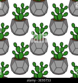 Motivo vettoriale senza cuciture di cactus verdi di fichi d'India in vasi geometrici grigi, illustrazione disegnata a mano Illustrazione Vettoriale