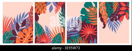 Striscioni di foglie tropicali con fogliame esotico colorato, monstera, palme e filodendron che incorniciano layout verticali con spazio copia e giungla decorativa Illustrazione Vettoriale