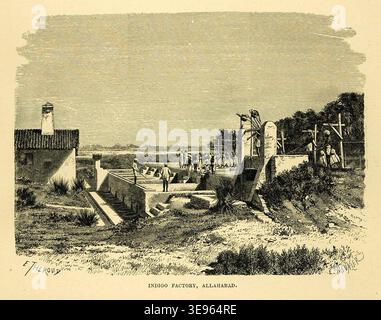 E. Therond (date sconosciute) è stato un incisore noto per le sue stampe dettagliate di paesaggi e industrie indiane. Questa incisione del 1878 raffigura una fabbrica di indaco ad Allahabad, evidenziando l'importanza del commercio di indaco durante il periodo coloniale britannico in India. Foto Stock