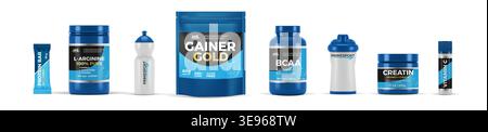 Prodotti proteici. Siero di latte bcaa bevanda vitaminica sportiva. Bottiglia agitatore come supplemento palestra o contenitore nutrizionale fitness. Cibo per bodybuilding. Ghiandola muscolare. Design dell'etichetta. Creazione di modelli di packaging vettoriali realistici Illustrazione Vettoriale