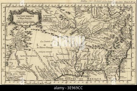 L'Abbé Antoine Francois Prévost (1697-1763) scrisse opere storiche sul Nord America. Jacques-Nicolas Bellin (1703-1772) produsse mappe idrografiche. La stampa fotografica storica riproduce le mappe di Bellin della Louisiana, della regione del fiume Mississippi e dei territori vicini, 1746-1759. Foto Stock
