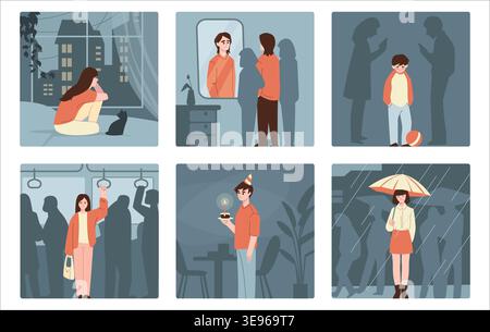 Salute mentale. Triste ragazza adolescente da sola, teme solo lo stress della persona. Problema di abuso o solitudine, emozioni femminili. Isolamento sociale persone introverse. Illustrazione isolata piatta del cartone animato vettoriale di supporto figlio Illustrazione Vettoriale