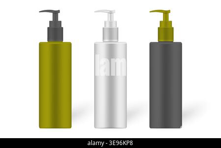 Flacone cosmetico con set dispenser, mockup realistico. Modello vettoriale isolato con pacchetto bianco, nero e verde oliva per prodotti di bellezza Illustrazione Vettoriale