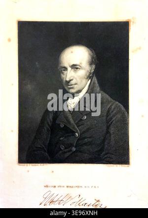 William Hyde Wollaston (1766 – 1828) è stato un chimico e fisico inglese. È noto soprattutto per la sua scoperta dell'elemento palladio e per aver sviluppato il primo metodo di produzione del platino. L'immagine d'archivio, una riproduzione digitale, cattura un ritratto di Wollaston, originariamente inciso da J. Thomson, scansionato nel 2022. Foto Stock