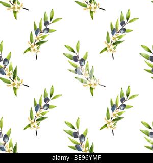 Rami d'ulivo con frutta e fiori scuri, motivo ad acquerello senza cuciture. Colorate piante mediterranee. Verde fogliame, disegnato a mano in uno stile semplice, Foto Stock