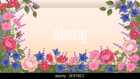 Illustrazione vettoriale orizzontale con una cornice floreale con rose rosa, fiori di campanello blu e lavanda con spazio di copia su sfondo chiaro. Illustrazione Vettoriale