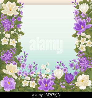 Illustrazione vettoriale quadrata con cornice floreale con magnolie bianche, lilla viola e fiori di gelsomino, con spazio per le copie. Illustrazione Vettoriale