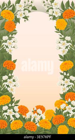 Illustrazione vettoriale verticale con cornice floreale con calendula arancioni e fiori di gelsomino bianchi con spazio per copiare su sfondo chiaro. Illustrazione Vettoriale