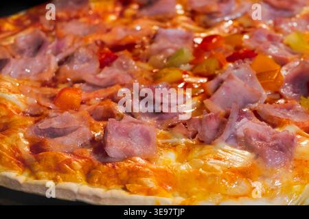 Pizza cotta fatta in casa sul vassoio nel forno elettrico: Primo piano, macro Foto Stock