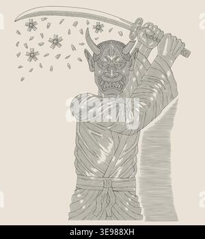 Guerriero samurai con maschera demone hannya in mano a una spada, illustrazione in stile disegno con incisione vintage Illustrazione Vettoriale