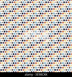 Motivo geometrico senza cuciture con punti e anelli circolari colorati disposti in una griglia ripetuta. Illustrazione Vettoriale