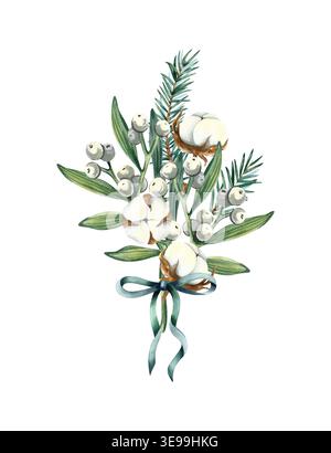 Mistletoe, ramo di abete rosso, cotone legato con composizione ad arco verde. Disposizione delle icone di Christmas holly. Tradizionale bouquet invernale natalizio con bianco Foto Stock