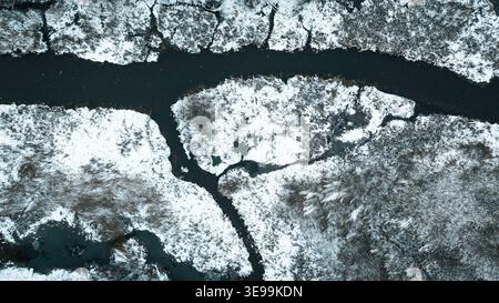 Vista aerea di un paesaggio innevato caratterizzato da un fiume serpeggiante che si intaglia attraverso un paese delle meraviglie invernali, con alberi innevati. Foto Stock