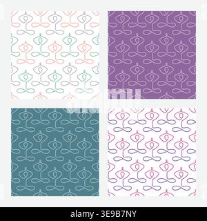 Set di quattro motivi senza cuciture in tonalità pastello morbide ispirate all'estetica yoga e benessere. Include elementi geometrici e spirituali minimali Illustrazione Vettoriale
