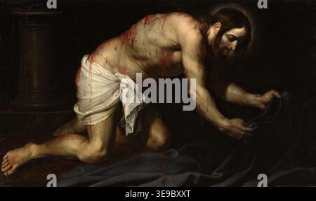 Gérard Seghers (1591 – 1651) è stato un pittore fiammingo. Le Christ après la flagellation (1620 circa) raffigura Gesù Cristo con una schiena ferita che raccoglie i suoi indumenti dopo aver flagellato, con la colonna di flagellazione visibile. La stampa fotografica storica documenta la pittura a olio su tela. Foto Stock