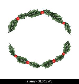 Una corona di agrifoglio natalizia con foglie verdi e bacche rosse che formano una cornice ovale. Illustrazione acquerello con spazio per il testo. Foto Stock