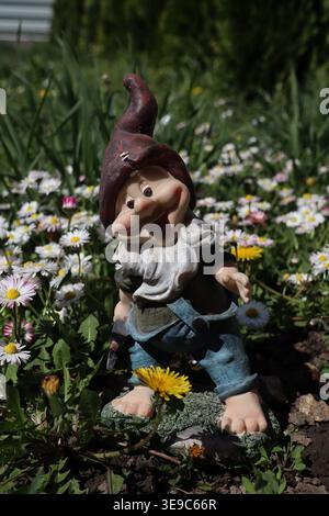 Elfo da giardino con fiori selvatici e leoni. Le margherite fioriscono di bianco e giallo nell'erba. Il prato illuminato dal sole è delicato e tranquillo. I fiori circondano nano W Foto Stock