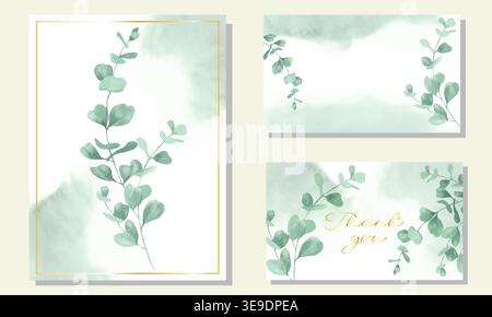 Modelli per inviti nuziali all'eucalipto in acquerello con cornici dorate. Biglietti di ringraziamento per la vegetazione botanica, sfondi per biglietti di auguri. EPS vettoriale. Illustrazione Vettoriale