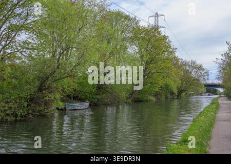 Vecchia barca ormeggiata sul fiume Lea Navigation tra Enfield Lock e Waltham Cross, circondata da vegetazione lussureggiante e acque calme e riflettenti. Foto Stock