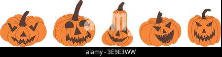 Set di zucche arancioni di Halloween con volti spaventosi intagliati. Collezione in diverse forme ed espressioni divertenti. Decorazioni e design spaventosi di Halloween Illustrazione Vettoriale
