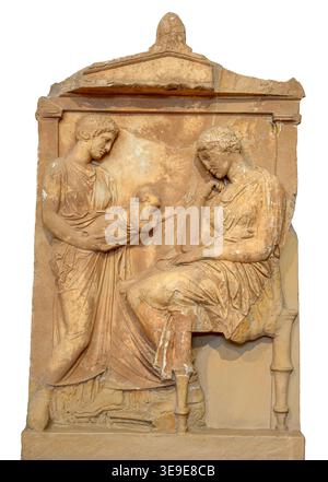 Stele funerarie in marmo, inizio IV secolo a.C. Il nome della donna morta, Phylonoe, è registrato sull'epistole. Trovato a Psychiko, a nord-est di Athen Foto Stock