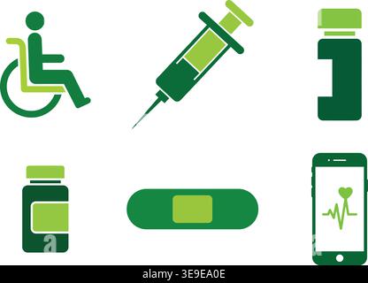 Set di icone di sanità medica con la fasciatura della bottiglia di medicina della siringa della sedia a rotelle e l'app di salute Illustrazione Vettoriale