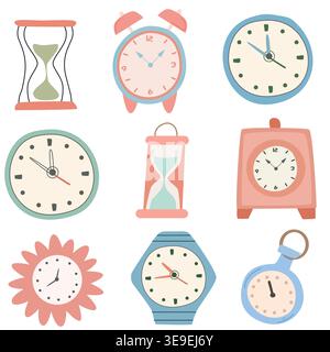 Illustrazione colorata con una varietà di orologi e timer, tra cui clessidra, sveglia, orologio da parete e orologio da tasca su sfondo bianco Illustrazione Vettoriale