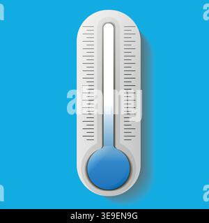 Illustrazione del termometro digitale che mostra la misurazione della temperatura su sfondo blu, con scala trasparente e lampadina circolare nella parte inferiore Illustrazione Vettoriale