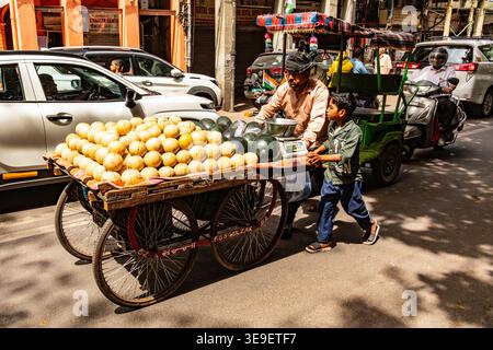 Venditore di frutta di melone con il suo carrello, Chandni Chowk, Old Delhi, India. Foto Stock