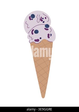 Gelato ai mirtilli in un cono di cialda, dessert surgelato ai frutti di bosco, dolce estivo, illustrazione vettoriale piatta isolata su sfondo bianco. Illustrazione Vettoriale
