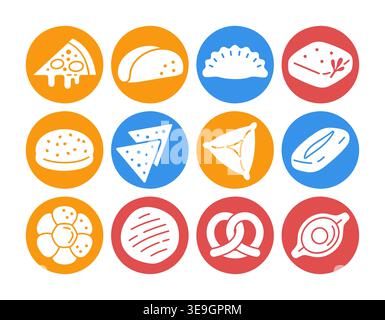 Un set di 12 icone di glifo nero che rappresentano una varietà di prodotti da forno salati e dolci e spuntini di diverse cucine, tra cui pizza, tacos e t Illustrazione Vettoriale