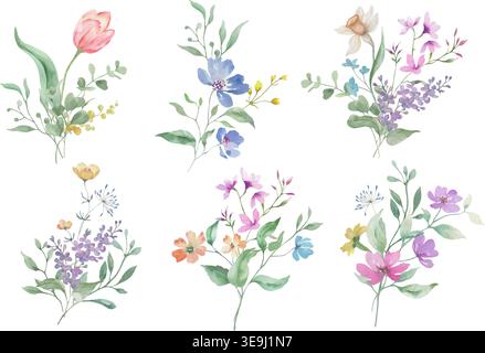 Set di elementi floreali acquerelli, collezione di clipart botanici dipinti a mano con fiori primaverili, mazzi di narciso, tulipani, foglie verdi.EPS vettoriale Illustrazione Vettoriale