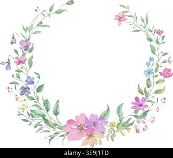 Corona floreale acquerello con fiori selvatici, erbe di campo, foglie verdi. Illustrazione botanica dipinta a mano isolata su sfondo bianco. Vettore. Illustrazione Vettoriale