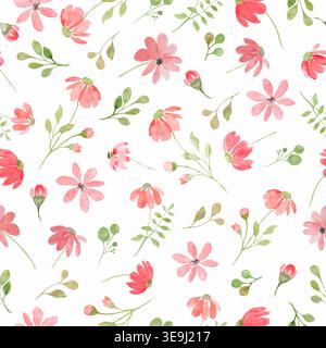 Acquerello senza cuciture con fiori selvatici rosa, foglie verdi ed erbe di campo. Stampa a ripetizione botanica in colori pastello per tessuti e carta da parati. Illustrazione Vettoriale