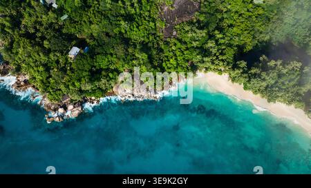 Una spiaggia tropicale incontaminata con acque cristalline e turchesi circondate da lussureggiante vegetazione. Seychelles, Mahe. Foto Stock
